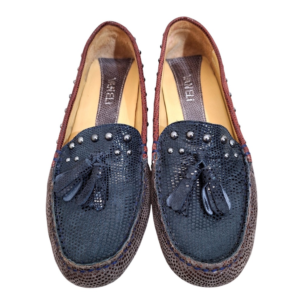 Vaneli Women's 6.5M Studded Leather Driving Loafers‎ Grey Navy Rust Perforated